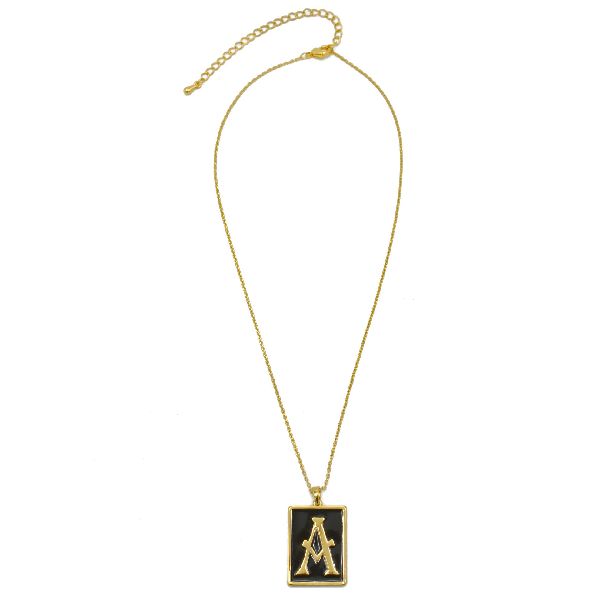 GOLD BLACK INITIAL LETTER (A) RECTANGLE PENDANT SHORT CHAIN NECKLACE #HNN90739-A