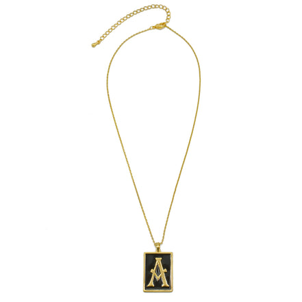 GOLD BLACK INITIAL LETTER (A) RECTANGLE PENDANT SHORT CHAIN NECKLACE #HNN90739-A