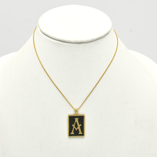 GOLD BLACK INITIAL LETTER (A) RECTANGLE PENDANT SHORT CHAIN NECKLACE #HNN90739-A