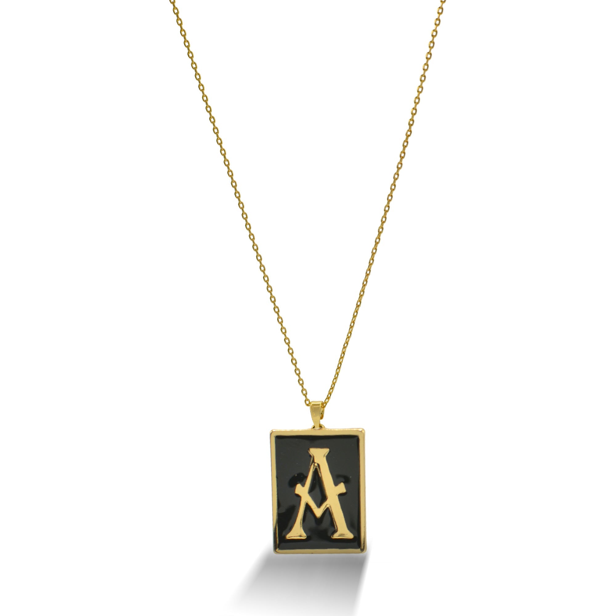 GOLD BLACK INITIAL LETTER (A) RECTANGLE PENDANT SHORT CHAIN NECKLACE #HNN90739-A