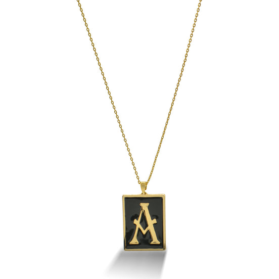 GOLD BLACK INITIAL LETTER (A) RECTANGLE PENDANT SHORT CHAIN NECKLACE #HNN90739-A