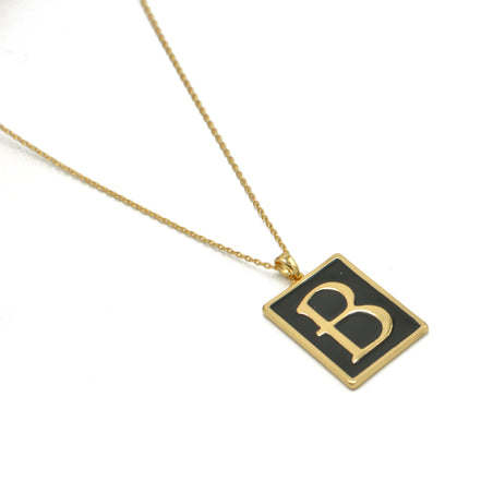 GOLD BLACK INITIAL LETTER (B) RECTANGLE PENDANT SHORT NECKLACE #HNN90739-B