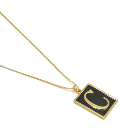 GOLD BLACK INITIAL LETTER (C) RECTANGLE PENDANT SHORT NECKLACE #HNN90739-C