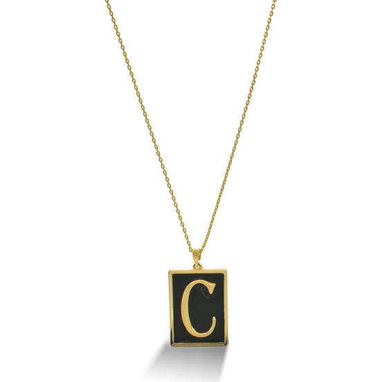 GOLD BLACK INITIAL LETTER (C) RECTANGLE PENDANT SHORT NECKLACE #HNN90739-C