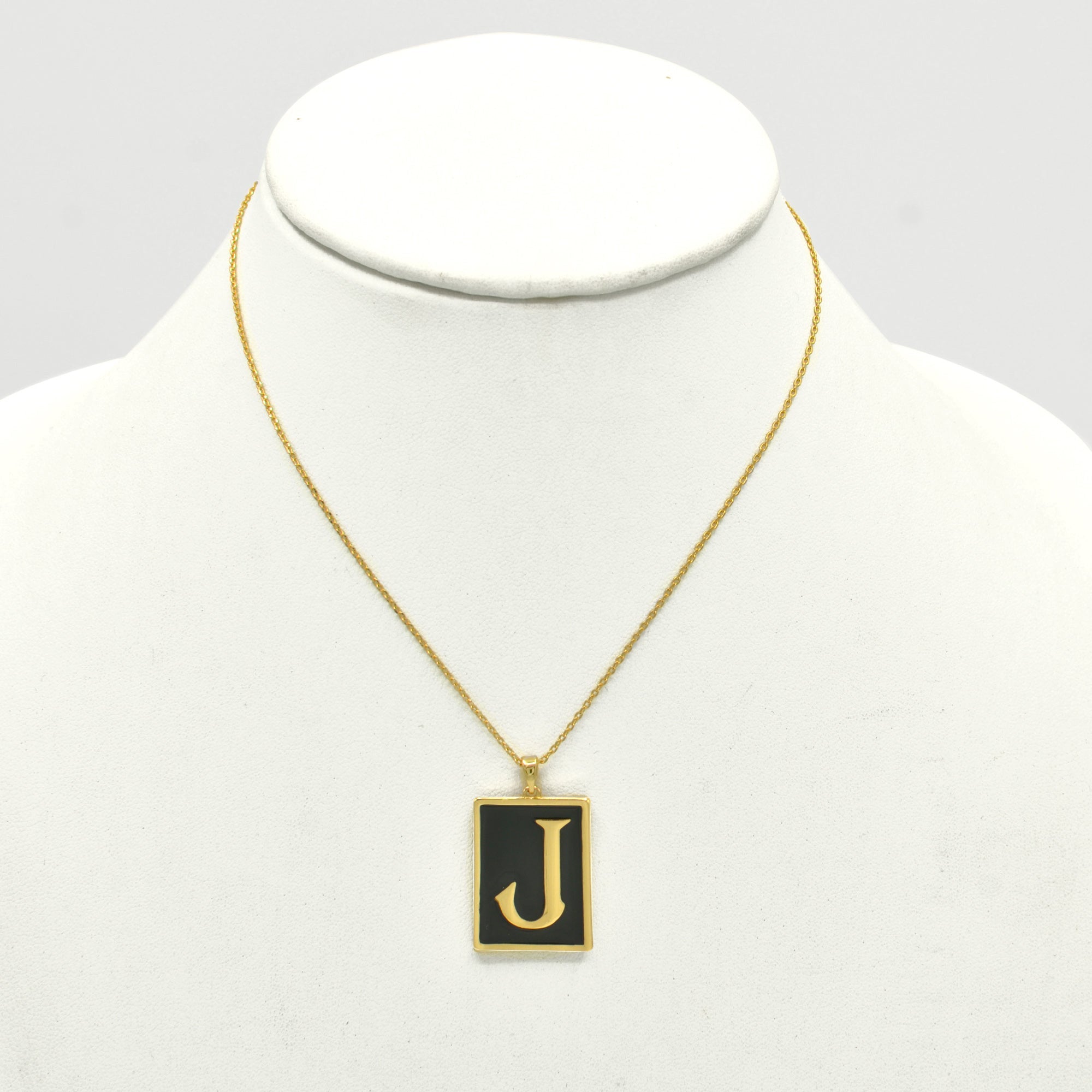 GOLD BLACK INITIAL LETTER (J) RECTANGLE PENDANT SHORT CHAIN NECKLACE #HNN90739-J