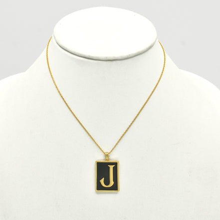 GOLD BLACK INITIAL LETTER (J) RECTANGLE PENDANT SHORT CHAIN NECKLACE #HNN90739-J