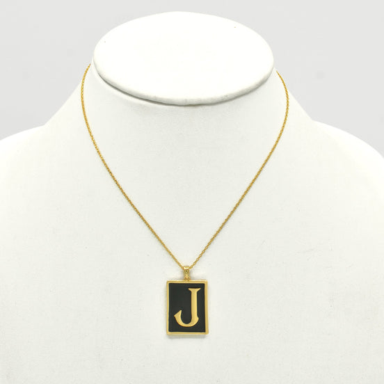 GOLD BLACK INITIAL LETTER (J) RECTANGLE PENDANT SHORT CHAIN NECKLACE #HNN90739-J