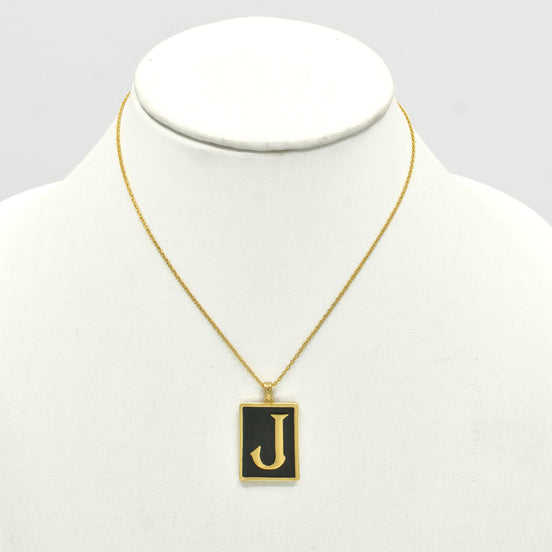 GOLD BLACK INITIAL LETTER (J) RECTANGLE PENDANT SHORT CHAIN NECKLACE #HNN90739-J