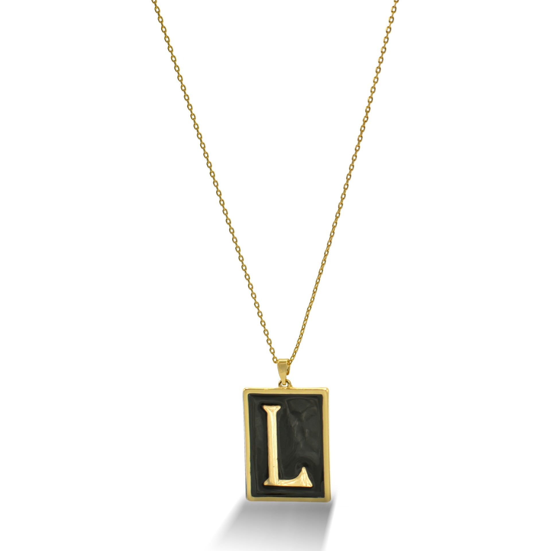 GOLD BLACK INITIAL LETTER (L) RECTANGLE PENDANT SHORT CHAIN NECKLACE #HNN90739-L