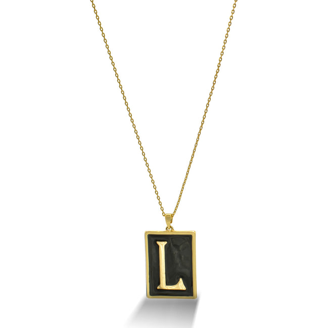 GOLD BLACK INITIAL LETTER (L) RECTANGLE PENDANT SHORT CHAIN NECKLACE #HNN90739-L