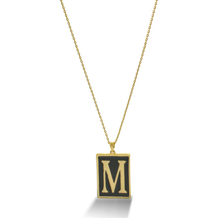 GOLD BLACK INITIAL LETTER (M) RECTANGLE PENDANT SHORT CHAIN NECKLACE # HNN90739-M
