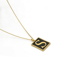 GOLD BLACK INITIAL LETTER (S) RECTANGLE PENDANT SHORT CHAIN NECKLACE #HNN90739-S