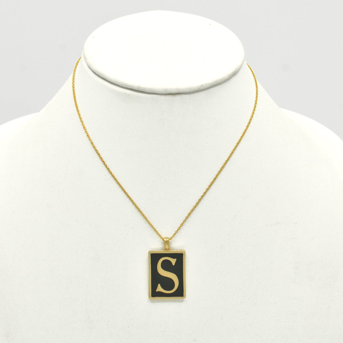GOLD BLACK INITIAL LETTER (S) RECTANGLE PENDANT SHORT CHAIN NECKLACE #HNN90739-S