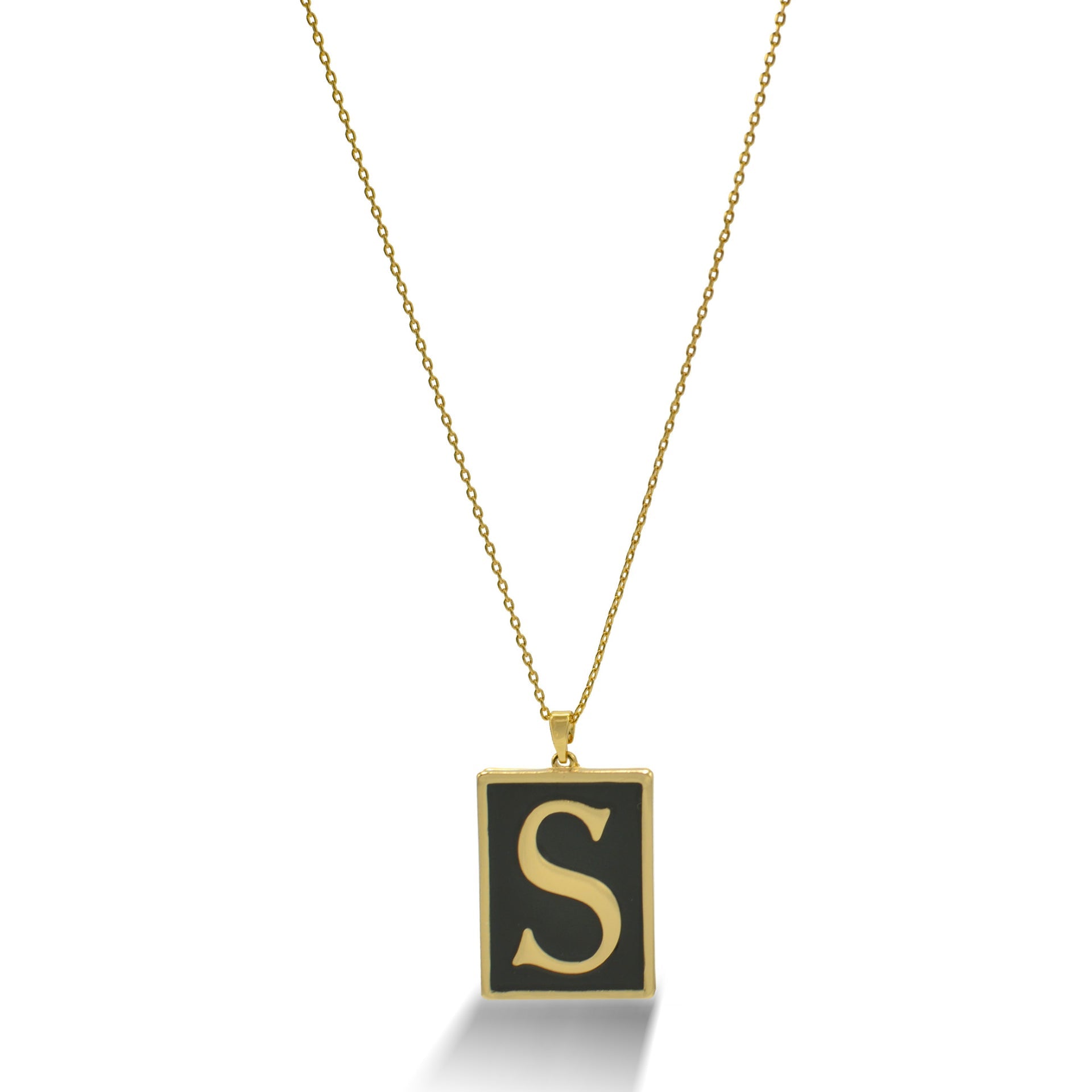 GOLD BLACK INITIAL LETTER (S) RECTANGLE PENDANT SHORT CHAIN NECKLACE #HNN90739-S