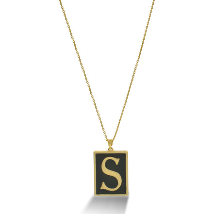 GOLD BLACK INITIAL LETTER (S) RECTANGLE PENDANT SHORT CHAIN NECKLACE #HNN90739-S