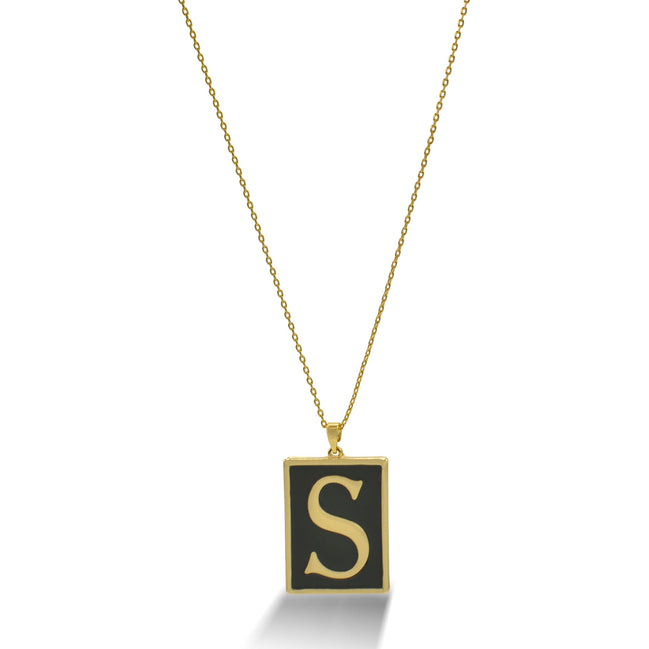 GOLD BLACK INITIAL LETTER (S) RECTANGLE PENDANT SHORT CHAIN NECKLACE #HNN90739-S