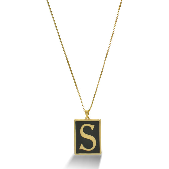GOLD BLACK INITIAL LETTER (S) RECTANGLE PENDANT SHORT CHAIN NECKLACE #HNN90739-S
