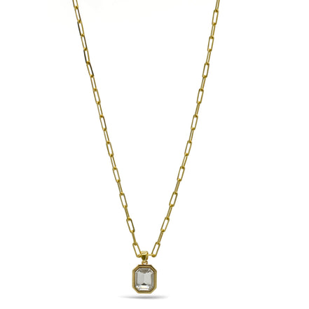 Gold clear crystal square pendant link chain necklace#HNN90864G(SG13)