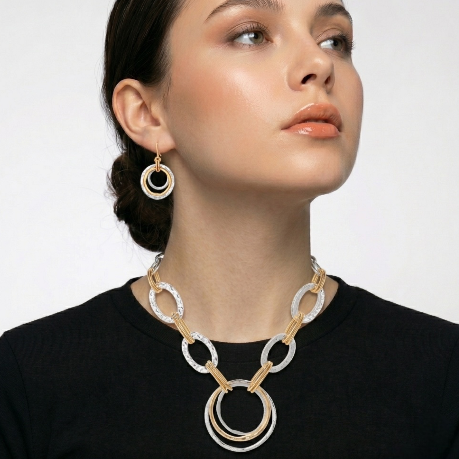 Two-Tone Gold And Silver Hammered Linked chain Necklace and Earrings Set#HNN+E88652-1TWO(DE5)