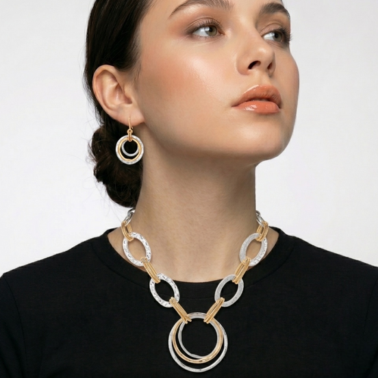 Two-Tone Gold And Silver Hammered Linked chain Necklace and Earrings Set#HNN+E88652-1TWO(DE5)
