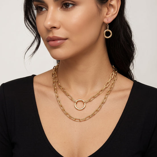 Tazza Women's Gold-Tone Layered Paperclip Chain Necklace & Earring Set | Chunky Double Chain Circle Ring Pendant Jewelry Set #HNN+E90843GD(IB20)