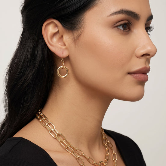 Tazza Women's Gold-Tone Layered Paperclip Chain Necklace & Earring Set | Chunky Double Chain Circle Ring Pendant Jewelry Set #HNN+E90843GD(IB20)