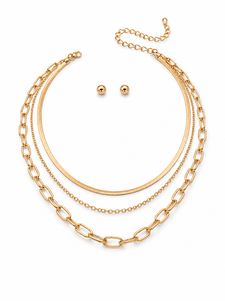 Gold Plated Triple Layer Necklace and Earrings set #HNN+E90878G(JE5)