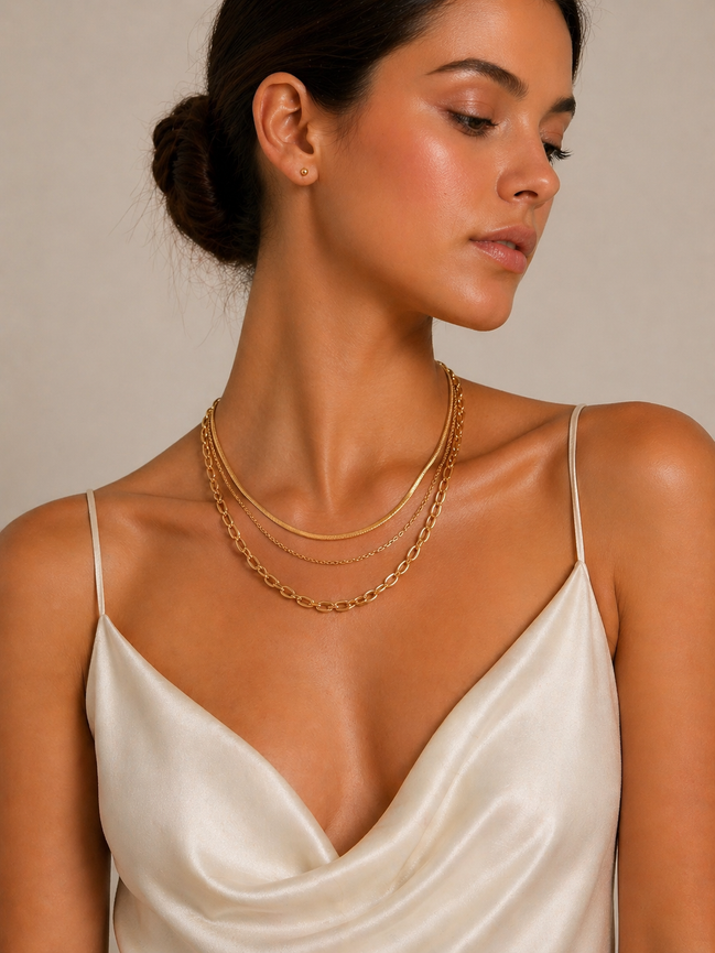 Gold Plated Triple Layer Necklace and Earrings set #HNN+E90878G(JE5)