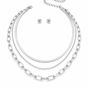 Silver Plated Triple Layer Necklace and Earrings set #HNN+E90878S(JD4)