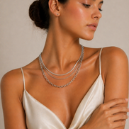 Silver Plated Triple Layer Necklace and Earrings set #HNN+E90878S(JD4)