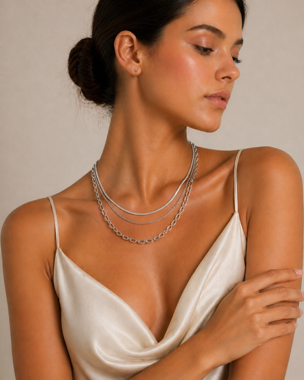 Silver Plated Triple Layer Necklace and Earrings set #HNN+E90878S(JD4)