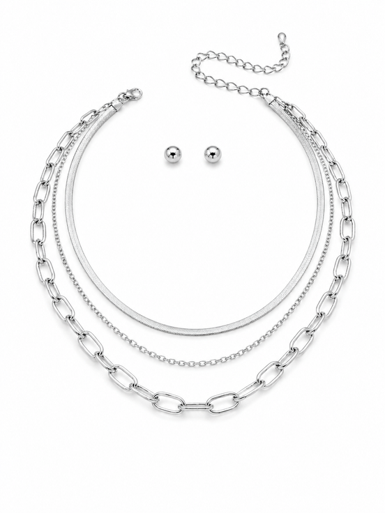 Silver Plated Triple Layer Necklace and Earrings set #HNN+E90878S(JD4)