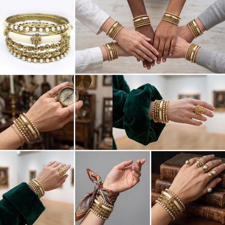 Women’s 5-Piece Gold-Tone Bangle Bracelet Set, 2.6-Inch Diameter Ivory and Faux-Pearl Stackable Bangles  #KB10598_G-IVY (XA10/OE26)