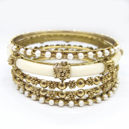 Women’s 5-Piece Gold-Tone Bangle Bracelet Set, 2.6-Inch Diameter Ivory and Faux-Pearl Stackable Bangles  #KB10598_G-IVY (XA10/OE26)