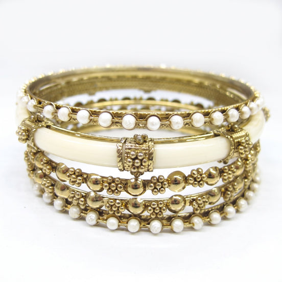 Women’s 5-Piece Gold-Tone Bangle Bracelet Set, 2.6-Inch Diameter Ivory and Faux-Pearl Stackable Bangles  #KB10598_G-IVY (XA10/OE26)