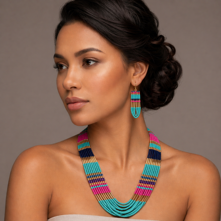 Gold Multicolor Seed Bead Statement Layer Necklace#N2216-MLT
