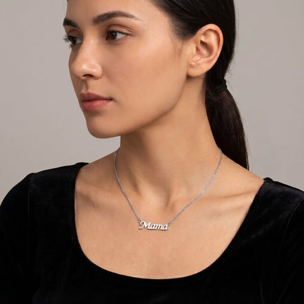 Tazza Women's Silver-Tone Cursive Mama Nameplate Necklace | Dainty Mother's Script Pendant Necklace | Fashion Costume Jewelry # HNN90656RD(ID7)