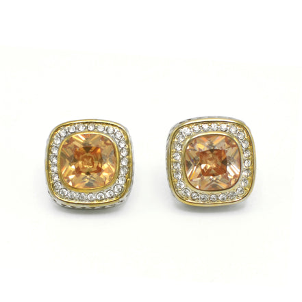 TWO TONE SQUARE CHAMPAGNE CRYSTAL AND RHINESTONES ENGRAVED EARRINGS #93099ER-CHA(FF16)