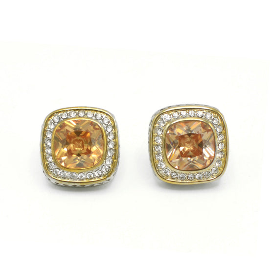 TWO TONE SQUARE CHAMPAGNE CRYSTAL AND RHINESTONES ENGRAVED EARRINGS #93099ER-CHA(FF16)