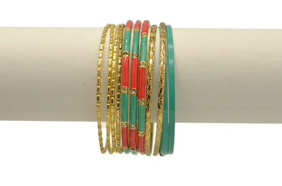 Multi-Color 11-Piece Bangle Set with Turq and Coral Accents#GS09211_GD-TRQ-CRL (PG2)
