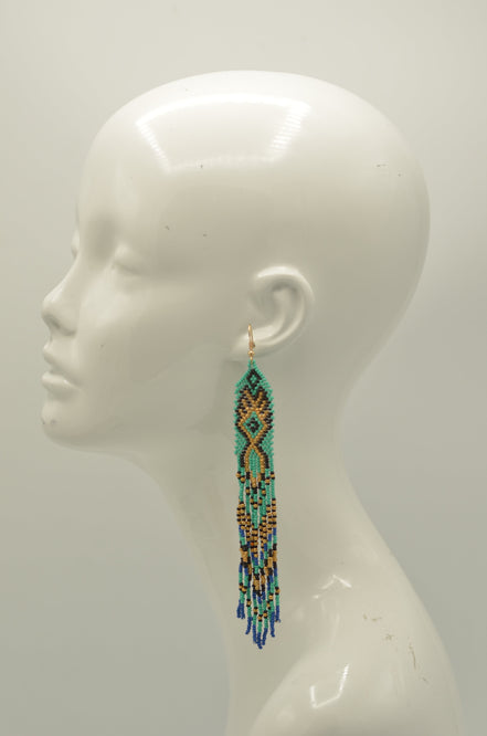 Turquoise, Black, Blue, and Gold Bohemian Seed Bead Long Tassel Earrings#ER-1142(IE22)