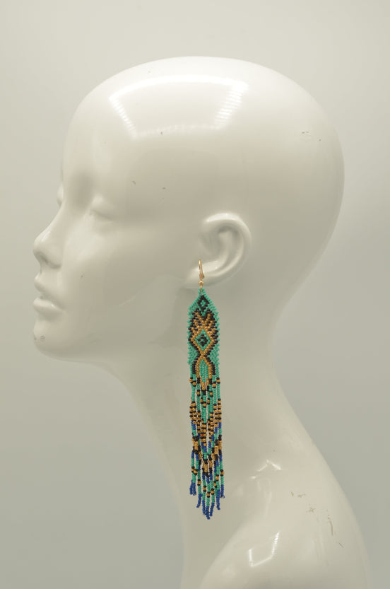 Turquoise, Black, Blue, and Gold Bohemian Seed Bead Long Tassel Earrings#ER-1142(IE22)