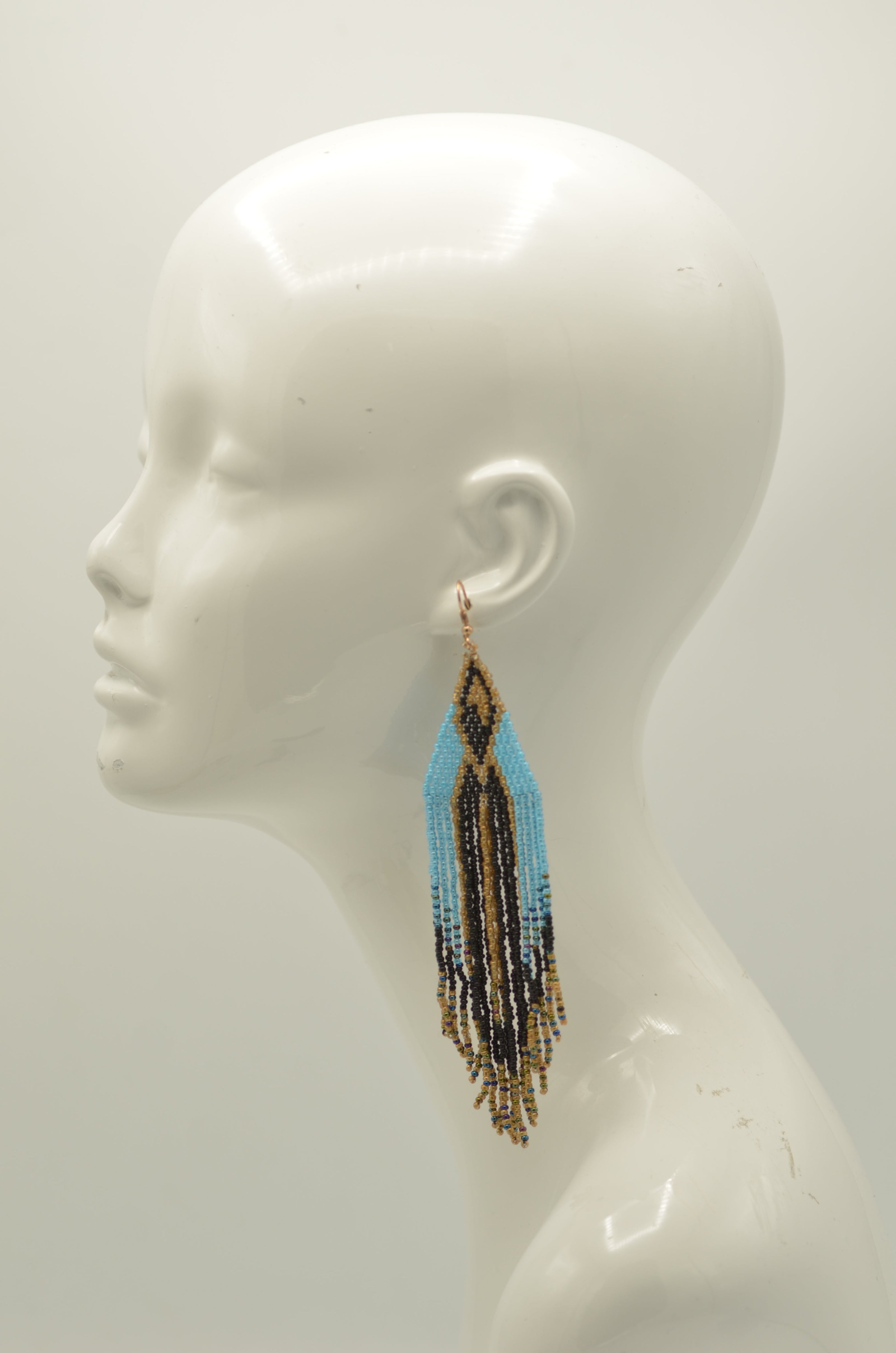 Blue,Black, And Gold Bohemian Seed Bead Long Tassel Earrings #SH-ER-1197(OE26)
