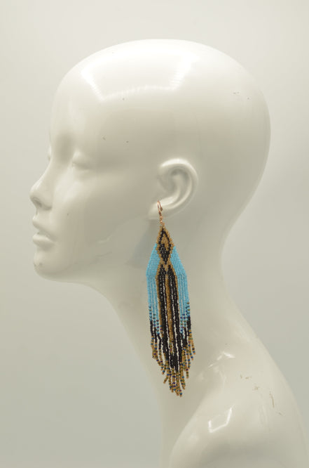 Blue,Black, And Gold Bohemian Seed Bead Long Tassel Earrings #SH-ER-1197(OE26)