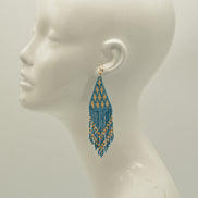 Blue and Gold Triangle Bohemian Seed Bead Long Tassel Earrings #ER-1190(TF19)
