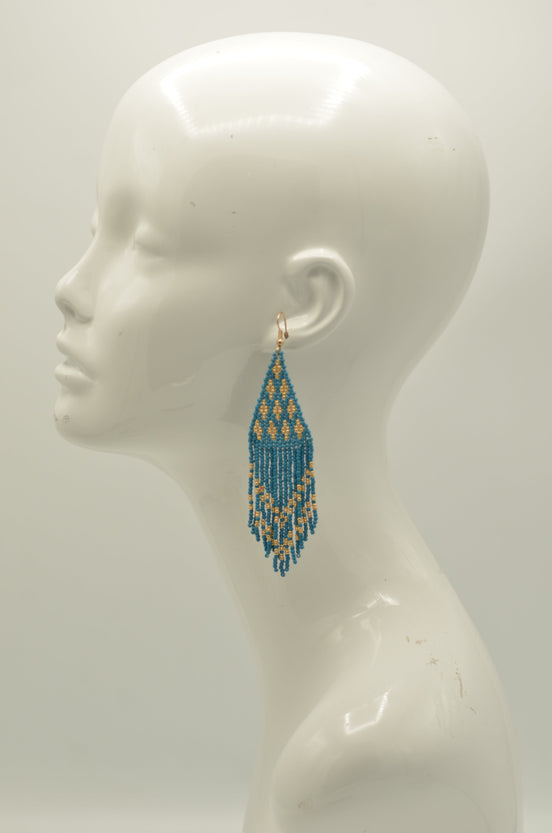 Blue and Gold Triangle Bohemian Seed Bead Long Tassel Earrings #ER-1190(TF19)