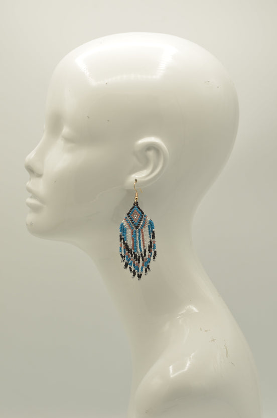 Blue, Black, White, and Champagne Bohemian Seed Bead Tassel Earrings #SH-ER-1210(RC15)