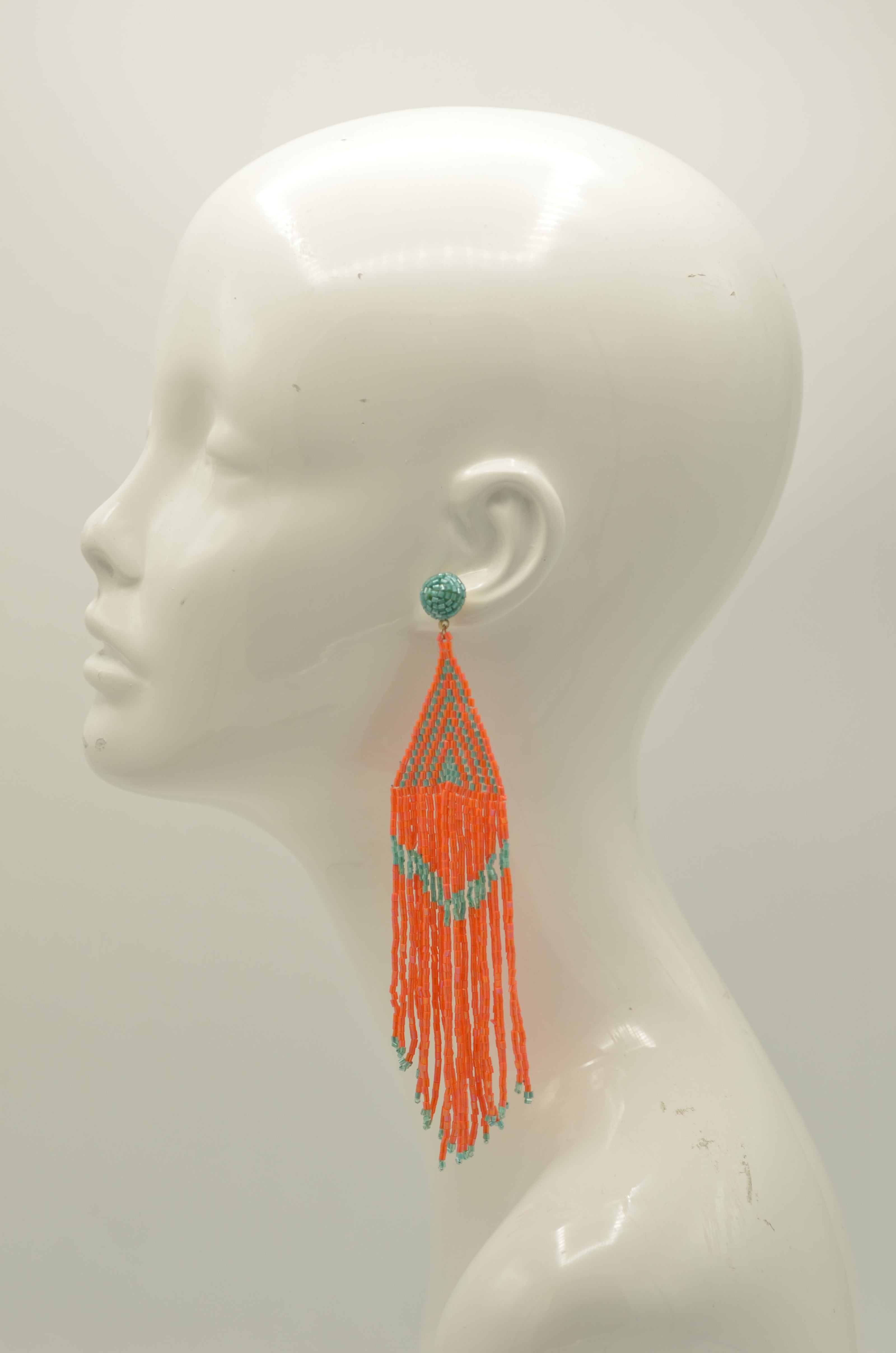 Orange and Turquoise Triangle Bohemian Seed Bead Long Tassel Earrings#ER-1148(ID19)