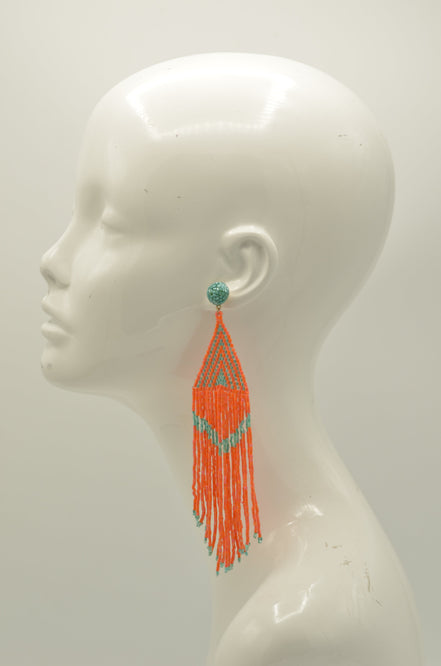 Orange and Turquoise Triangle Bohemian Seed Bead Long Tassel Earrings#ER-1148(ID19)