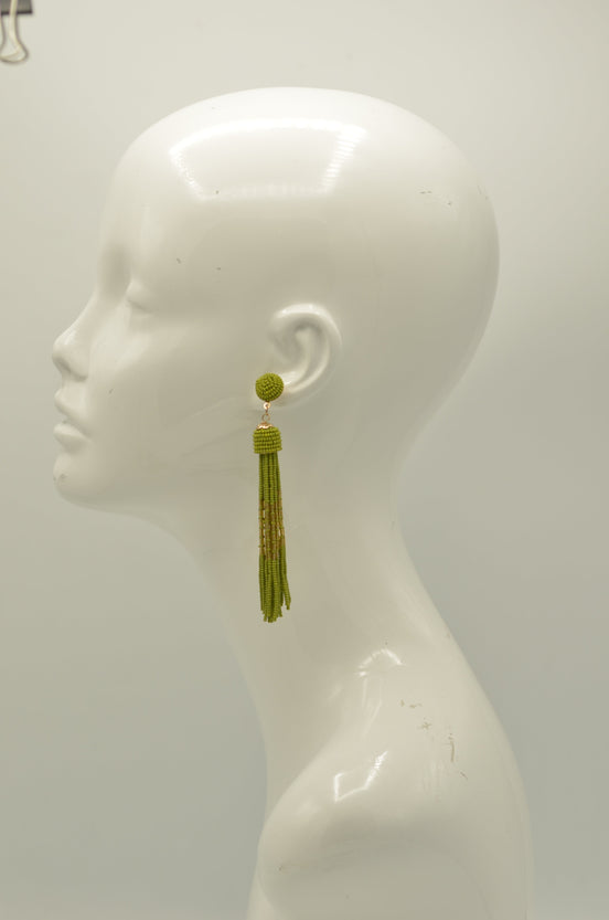 Olive and Gold Bohemian Seed Bead Long Tassel Earrings #ER-1186(TD15)